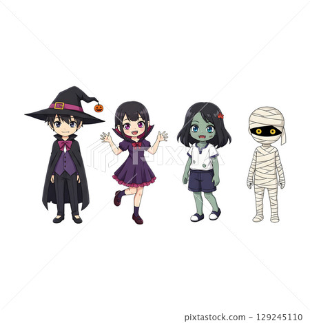 A cute child in a anime-style cartoon Halloween costume, happy for Halloween. Transparent background. 129245110