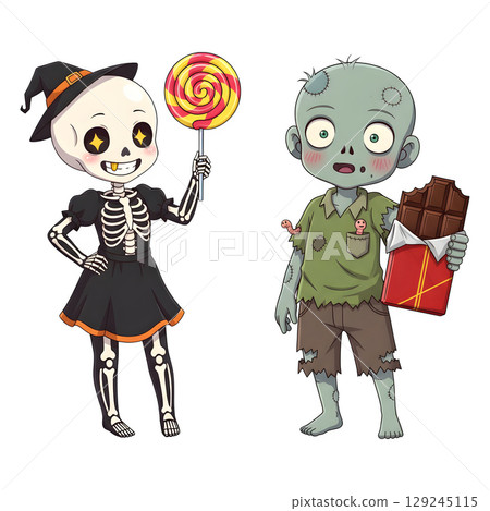 A cute child in a anime-style cartoon Halloween costume, happy for Halloween. Transparent background. 129245115