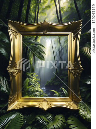 Golden luxury picture frame in the jungle Golden luxury picture frame in the jungle 129245139