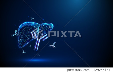 Human liver with flying antibodies. Concept of autoimmune liver disease, immunotherapy, monoclonal antibody treatment, hepatology-related biologic medicine. 129245164