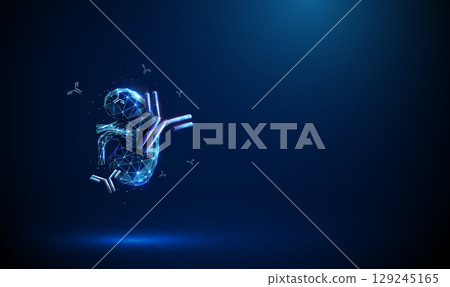 Kidney surrounded by flying antibodies. Antibody-mediated transplant rejection, autoimmune kidney disease, immunotherapy, monoclonal antibody treatment concept 129245165