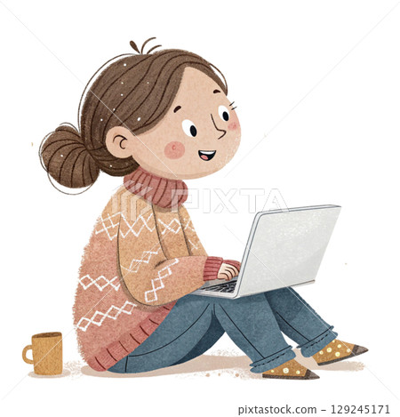 Cute Girl Holding Laptop Vintage Cozy Style Digital Art 129245171