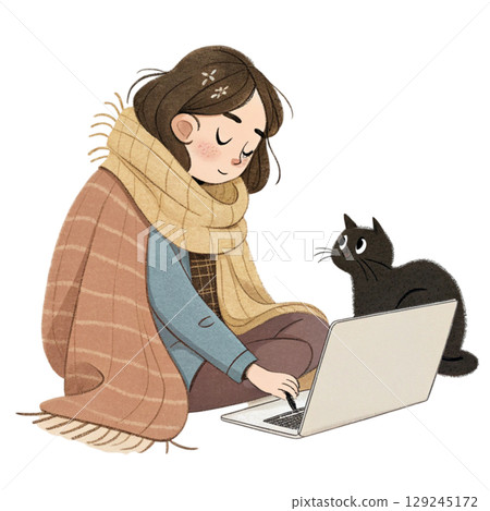 Cute Girl Holding Laptop Vintage Cozy Style Digital Art Cute Girl Holding Laptop Vintage Cozy Style Digital Art 129245172
