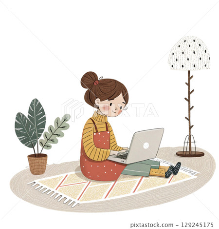 Cute Girl Holding Laptop Vintage Cozy Style Digital Art 129245175