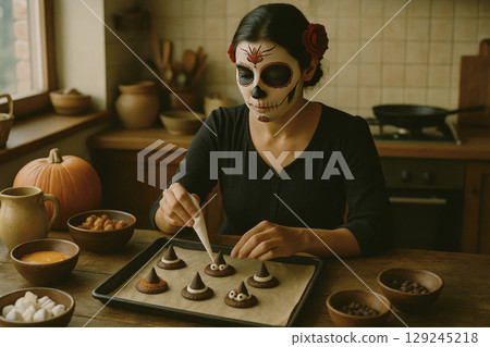 woman decorating halloween cookies, generative AI 129245218