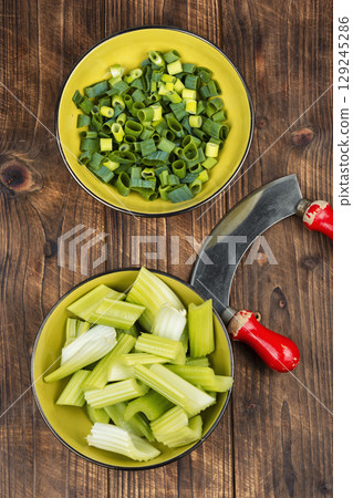 Fresh raw celery sticks. Fresh raw celery sticks. 129245286