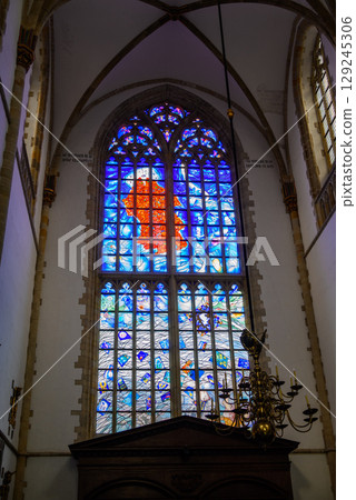 Stained glass windows of the Church of Saint Bavo Grote Kerk, Reformed Protestant church in Haarlem, Netherlands Stained glass windows of the Church of Saint Bavo Grote Kerk, Reformed Protestant church in Haarlem, Netherlands 129245306