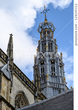 Bell tower of the Church of Saint Bavo Grote Kerk, Reformed Protestant church in Haarlem, Netherlands 129245312