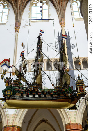 Interior details in the Church of Saint Bavo Grote Kerk, Reformed Protestant church in Haarlem, Netherlands 129245330
