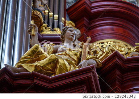 Details on the Muller organ in the Church of Saint Bavo Grote Kerk, Reformed Protestant church in Haarlem, Netherlands 129245348