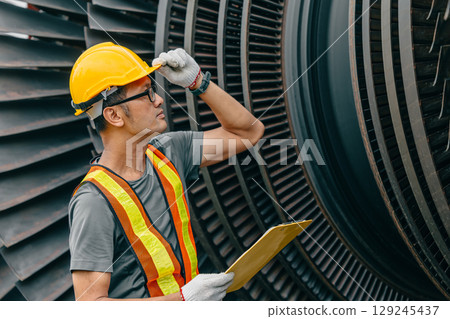 Professional Asian engineer male working service power plant turbine fan blade electrical generator Professional Asian engineer male working service power plant turbine fan blade electrical generator 129245437
