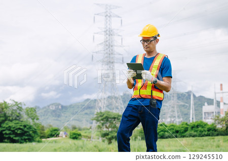 Professional engineer male with power line, Electrical distribution service team on duty outdoor 129245510