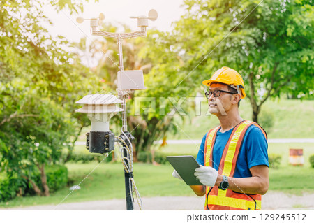 Man working collecting Air pollution, Weather monitor, Wind information data from sensor station 129245512