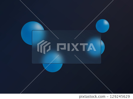 Dark glassmorphism banner with blue 3D spheres on a black background 129245629