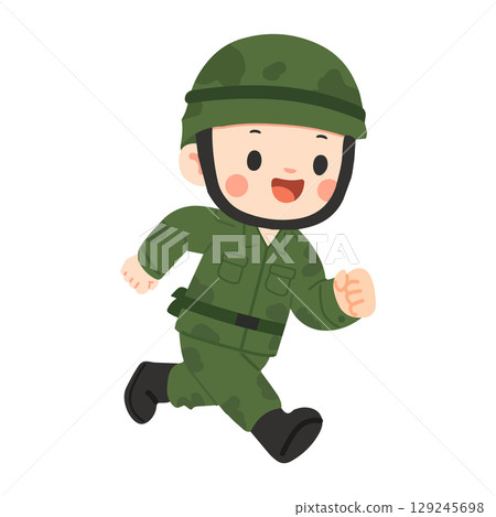 Cartoon Illustration of Soldier Running in Uniform 129245698