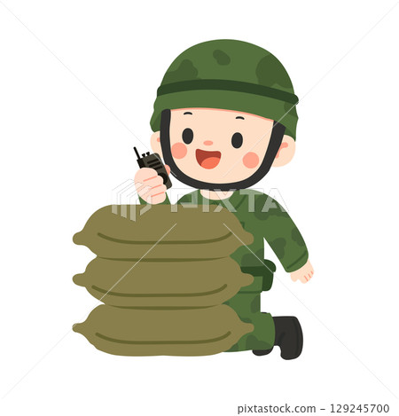 Cartoon Soldier with Walkie Talkie and Sandbags 129245700