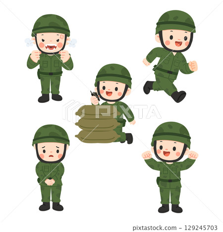 Cartoon Soldiers in Various Poses Illustration Cartoon Soldiers in Various Poses Illustration 129245703