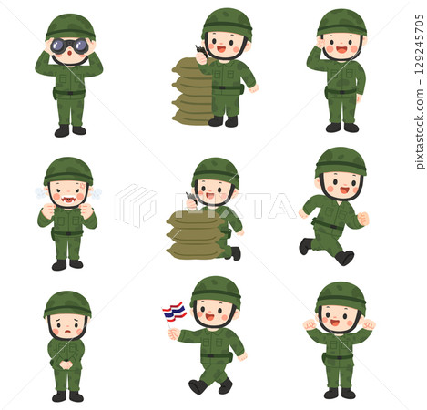 Cartoon Soldier Character in Military Uniform set Cartoon Soldier Character in Military Uniform set 129245705