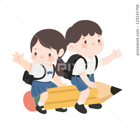 Illustration of Children Riding a Pencil Illustration of Children Riding a Pencil 129245706