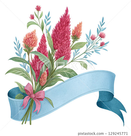 Flower and Ribbon Banner Digital Illustration White Background 129245771