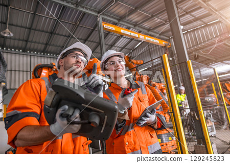 Robotic technician engineer male training helping young women team control operate robot welding arm Robotic technician engineer male training helping young women team control operate robot welding arm 129245823
