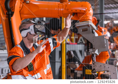 Engineer male using VR headset device to control operate robot arm in modern technology industry Engineer male using VR headset device to control operate robot arm in modern technology industry 129245826