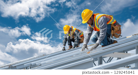 Construction workers in safety vests and hard hats work on roof structure with steel beams against blue sky Construction workers in safety vests and hard hats work on roof structure with steel beams against blue sky 129245841