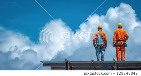 Two construction workers in orange safety gear stand on steel beam against cloudy sky Two construction workers in orange safety gear stand on steel beam against cloudy sky 129245842