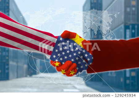 USA and China trade war end concept, America and ROC flag hand shaking be unite deal agreement 129245934