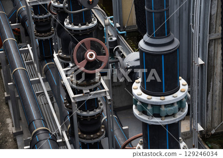 Closeup water pipe, Piping system with valve connector, High pressure industry watering system 129246034
