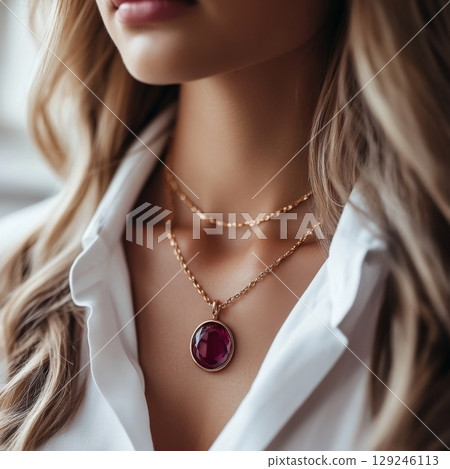Elegant amethyst necklace showcased by model wearing chic outfit with distinct layers, exuding sophistication and charm, perfect for fashion enthusiasts and jewelry lovers 129246113