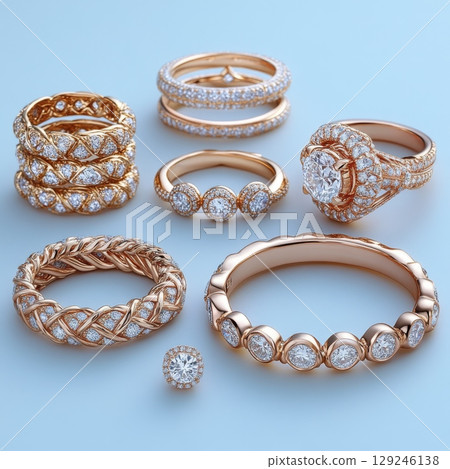 Gold rings adorned with shimmering diamonds showcase intricate designs, highlighting craftsmanship and elegance for special occasions and personal adornment 129246138