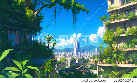 藍天與城市景觀與建築與植物，動漫風格 129246245