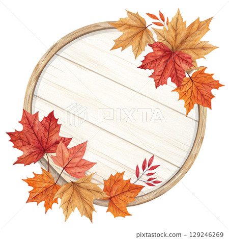 wooden sign  with maple leaf decorations in watercolor style on a white background 129246269