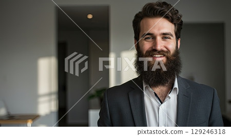 World Beard Day shows confident professional. Confident man smiles in his office 129246318