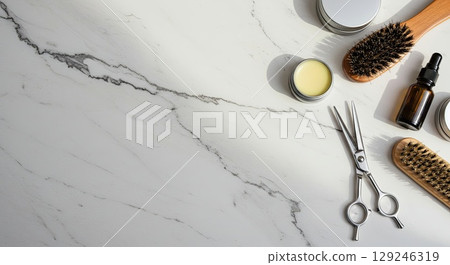 World Beard Day grooming ritual. Daily self-care ritual on marble. Ritual World Beard Day grooming ritual. Daily self-care ritual on marble. Ritual 129246319