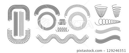 Set of coil spring in line, circle, arch and wave shapes isolated on white background. Different metal wire spirals. Slinky toys silhouettes. Part of car suspension. Vector graphic illustration Set of coil spring in line, circle, arch and wave shapes isolated on white background. Different metal wire spirals. Slinky toys silhouettes. Part of car suspension. Vector graphic illustration 129246351