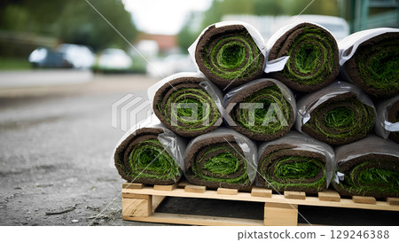 A stack of sod rolls, each consisting of a layer of soil and grass, is placed on a wooden pallet. The sod rolls are wrapped in plastic to keep them fresh. 129246388