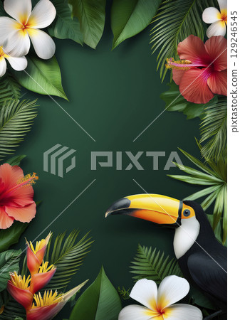 芙蓉、蛋花和大嘴鳥等熱帶植物的框架 129246545