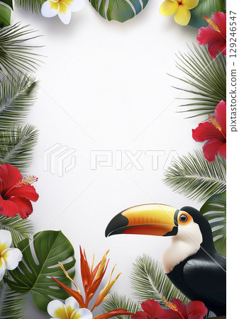 Frame of tropical plants such as hibiscus and plumeria and toucan 129246547