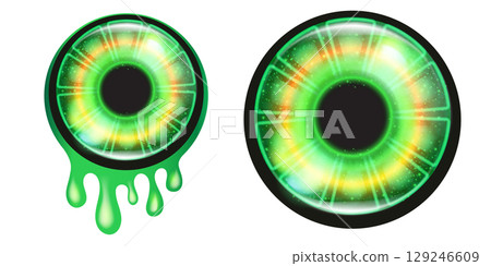 Vector green zombie eye with green slime isolated on white background. Vector 3d scary monster zombie eye png clip art illustration. Alien scary Eyeball isolated for Halloween design 129246609