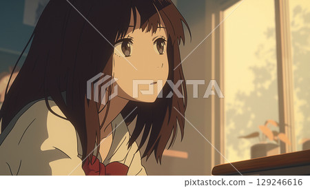 High school girl daydreaming in the classroom, anime style 129246616