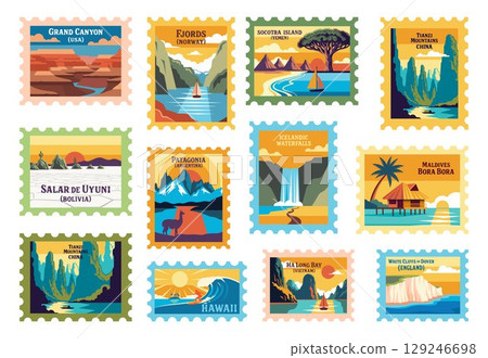 Flat vector travel postage stamps set. Nature-themed horizontal and vertical stamp collection with iconic landscapes. Scenic vacation and adventure destinations Flat vector travel postage stamps set. Nature-themed horizontal and vertical stamp collection with iconic landscapes. Scenic vacation and adventure destinations 129246698
