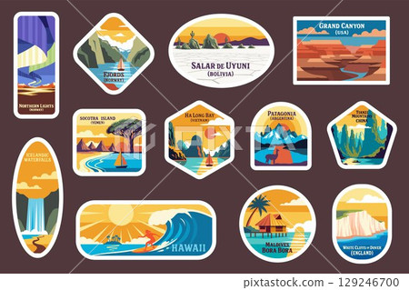 Set of vintage travel destination stickers. Retro badge-style nature landmarks with iconic world scenery. Adventure patch collection for travelers, hiking, nature lovers Set of vintage travel destination stickers. Retro badge-style nature landmarks with iconic world scenery. Adventure patch collection for travelers, hiking, nature lovers 129246700