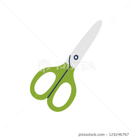 Green scissors with sharp blade and rounded handles for crafting and school. Hand drawn vector illustration. Green scissors with sharp blade and rounded handles for crafting and school. Hand drawn vector illustration. 129246767