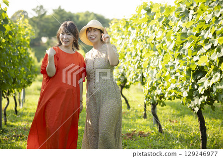 Two women walking through a vineyard 129246977