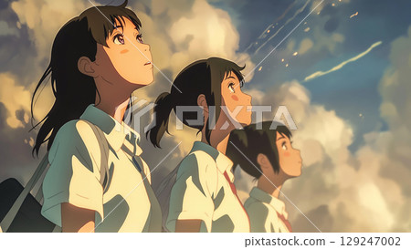 Female students looking up at the cloudy sky, anime style 129247002