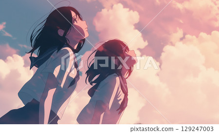 Female students looking up at the fantastic sky, anime style 129247003