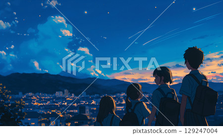Students looking up at the night sky from a hill, anime style 129247004