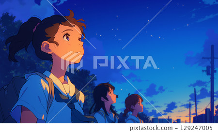 Female students looking up at the night sky, anime style 129247005